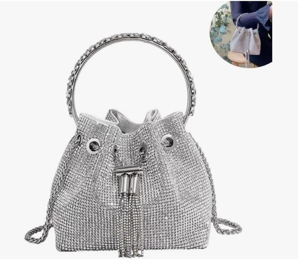 Silver Rhinestone Crystal Bucket Bag Purse w/ Chain Strap & Top Handle – New - Picture 1 of 9